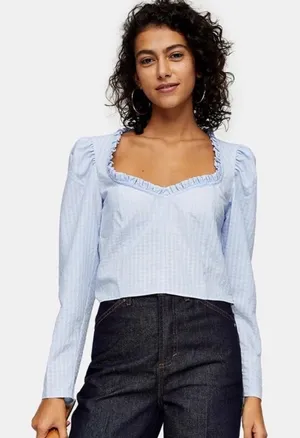 TOPSHOP Baby Blue Gingham Ruffle Sweetheart‎ Neck Crop Top Long Sleeve Size US 2 thumbnail 1