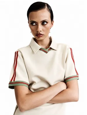 With Jean Cream Knit Polo Top Red Green Contrast Trim Tenniscore Medium thumbnail 1