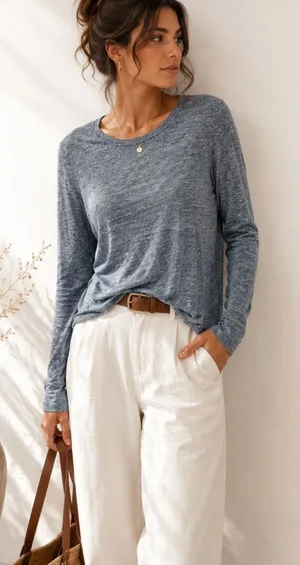 ALC Blue Heathered Cut Out Back Tee Shirt Womens L Casual Luxury Classic Staple thumbnail 1