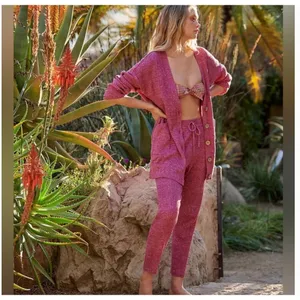 Free People FP Beach Pink Knit Lounge Set Cardigan & Pants XS thumbnail 2