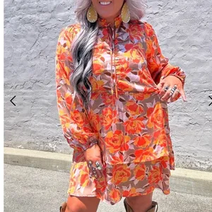 Emily Wonder Womens 1X Floral Mini Dress Orange Tan Tiered Boho 1X-18‎ thumbnail 2
