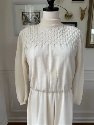 Vintage 80s Ciao Petites 100% Wool Knit Ivory Blouson Dress M thumbnail 2