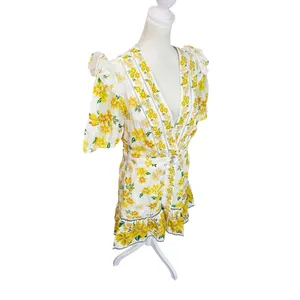 FARM Rio Azaleia Mini Dress M Yellow Floral Cotton Puff Sleeve V-Neck Missing Be thumbnail 5