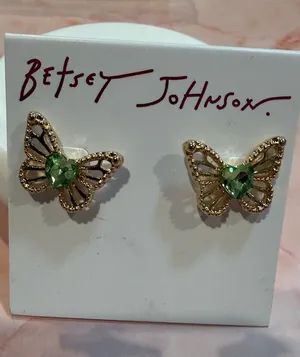 Betsey Johnson Gold Butterfly Stud Earrings with Green Crystal | Sm/Med thumbnail 1