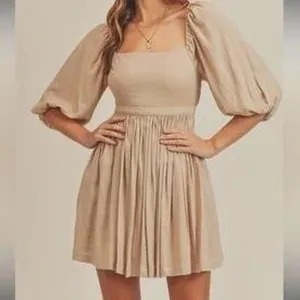 Mable Linen Blend Beige Londyn 3/4 Puff Sleeve Open Back Mini Dress Small thumbnail 1