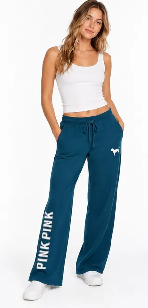 Victoria's Secret PINK Y2K Sweatpants Small Blue Logo Dog Raw Hem thumbnail 1