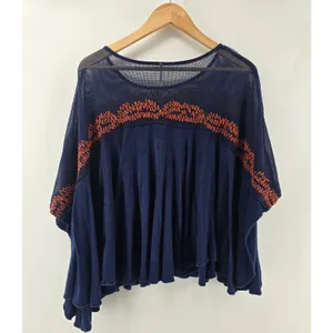 Free‎ People Poncho Top Womens S OB725011 Navy Blue Embroidered Mesh EUC thumbnail 2