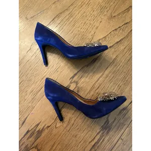 Anthropology Lien Do Blue Suede Pointed Toe Stiletto Pump Pom Pom Slip On US 7 thumbnail 7