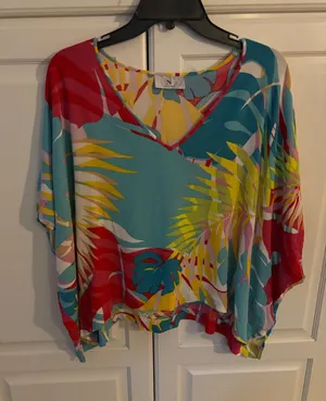Hawthorn Blue V Neck 3/4 Sleeve Laser‎ Cut Detail Blouse Women Large thumbnail 1
