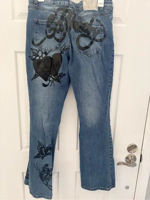 Ed Hardy Blue Graphic Embroidered Bootcut Jeans thumbnail 6