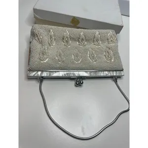 Handmade Vintage Ivory white All Beaded Top Handle Bag With Mother Of Pearl Detailing thumbnail 9
