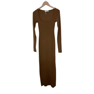 NWOT Eterne Chocolate Brown Long Sleeve Square Neck Ribbed Maxi Dress S thumbnail 4