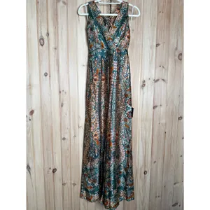 NWT Lulus Divine Wanderings Teal Green Scarf Print Satin Wide-Leg Jumpsuit Sz XS thumbnail 2