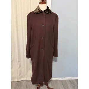1980s Estuary Lenka K Brown Wool Blend Faux Fur Collar Longline Button Coat thumbnail 2