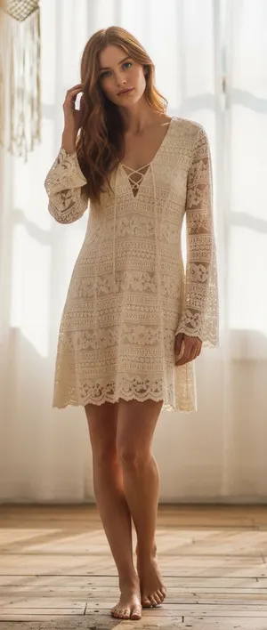 LUSH Women’s Long Sleeved Cotton Lace Dress, Size L thumbnail 1
