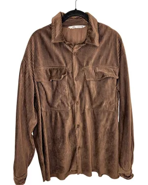 Zara Oversized Corduroy Shacket Button Down Shirt Small Chocolate Brown thumbnail 1