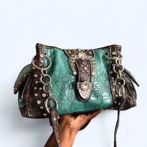 Y2K 2000s Western Mcbling Bimbo Goth Leather Rhinestone Large Buckle Hand Shoulder Bag Purse Preppy bedazzled silver stud blue turquoise brown #cowgirl #whimsygoth #grunge #punk #stagecoach festival Measurement in pics Some distressing see pics thumbnail 2