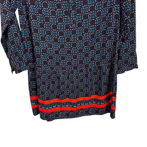 Loft Petite Navy Blue Medallion Print Shift Dress Coral Border SP Long‎ Sleeve thumbnail 5