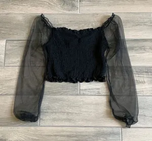 Active usa smocked top with sheer sleeves thumbnail 1