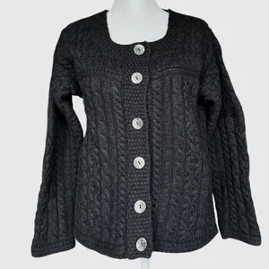 Aran Crafts 100% Merino Wool Cable‎ Knit Cardigan Black Button Up Cardigan Sz M thumbnail 1