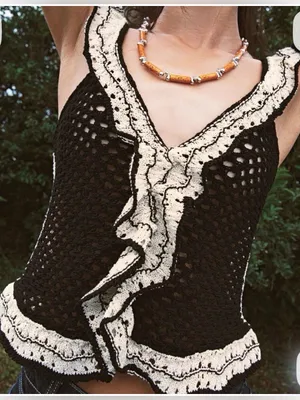 Zara Black Crochet Tank with Cream Ruffle Trim thumbnail 2