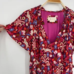 Anthropologie Robin Tiered Mini Dress Size XS Red Floral Ikat Ruffle Boho V Neck thumbnail 4