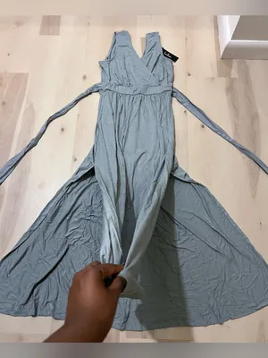Lulus NWT Women XS Pale Dusty Blue Jersey Knit Surplice Slit Maxi Dress thumbnail 12