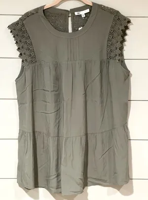 DR2 Olive Green Sleeveless Top with Lace and Ruffle Size 1X thumbnail 1