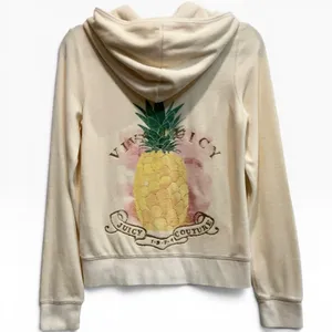 Juicy Couture‎ Y2K Cream Velour Zip Hoodie Pineapple Graphic Gold J Zip Medium thumbnail 2