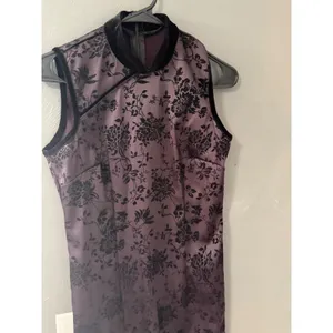 Purple‎ Black Floral Velvet Flocked Cheongsam Qipao Whimsigoth Sheath Dress thumbnail 2