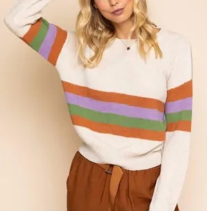 Gilli Beige Colorful Striped Crewneck Sweater size Medium Tan thumbnail 1