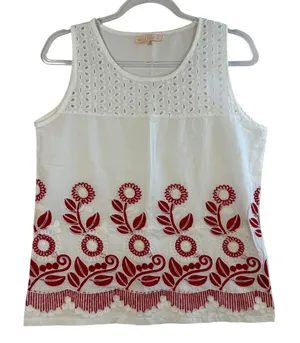 Miss Cocoa Embroidered Tank Top White Red‎ Floral Eyelet Viscose Boho G S READ thumbnail 1