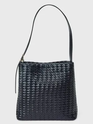 Woven Shoulder Bucket Bag in Black thumbnail 2