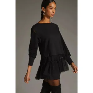 Anthropologie Black Tulle Sweatshirt Sheer Swiss Dot Ruffle Lace Oversized MED thumbnail 2