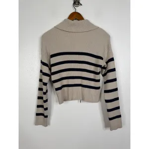 Hollister Womens Full Zip Striped Ribbed Knit Crop Sweater Beige Navy XS thumbnail 2