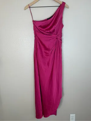 Abercrombie & Fitch Satin One Shoulder Knotted Midi Dress Fuchsia XS NEW $130 thumbnail 8