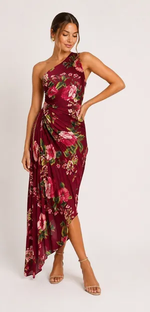 Petal & Pup Kleo One Shoulder Maxi Dress in Burgundy Floral S thumbnail 1