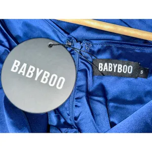 NWT Babyboo Juliene Navy Blue Satin Draped Cowl Neck Maxi Dress Womens Size S thumbnail 15