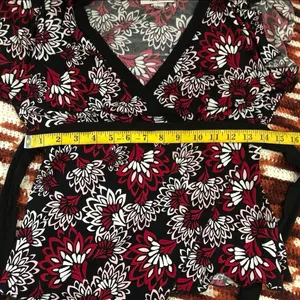 Y2K Vintage Whimsygoth Wrap Top Belted Babydoll V-Neck Blouse Shirt Floral Asymmetrical Hem Short Sleeve USA Made Red White Black-M Measurement in pics Great condition thumbnail 7