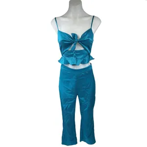 Honey Punch Blue Silky Satin Sleeveless Crop Top & Capri Pants 2 Piece Set XS thumbnail 2
