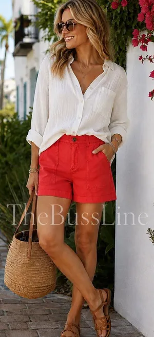 EVEREVE Womens Shorts 27 Coral Red Linen Blend High Rise Utility Pockets thumbnail 1
