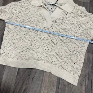 Cream crochet knit collared pointelle sweater Size M thumbnail 4