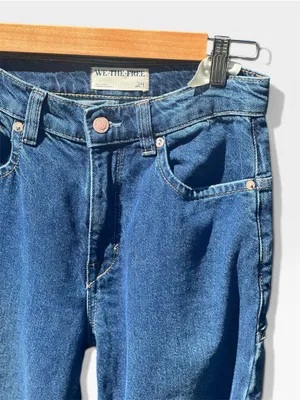 Free People tinsley high-rise baggy straight leg jeans in deep blue thumbnail 4