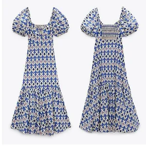 Zara Blue White Printed Short Puff Sleeve Smocked V-Neck Midi A-line Dress Sz L thumbnail 4
