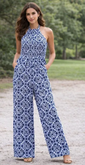 Patrons of Peace 41G Blue White Tile Print Halter Smocked‎ Wide Leg Jumpsuit S thumbnail 1