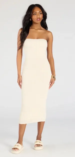 Windsor Strapless Cream Ribbed Bodycon Midi Dress thumbnail 1