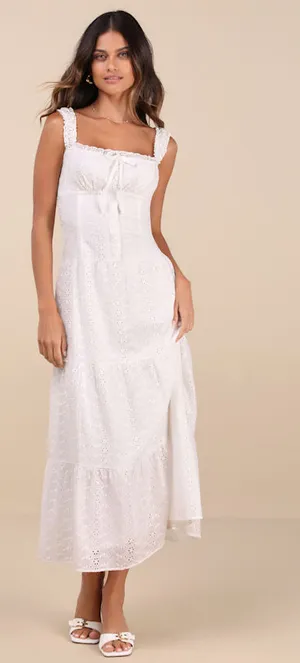 New Lulus Nerissa White Eyelet Embroidered Ruffled Drop Waist Midi Dress Size XS thumbnail 1
