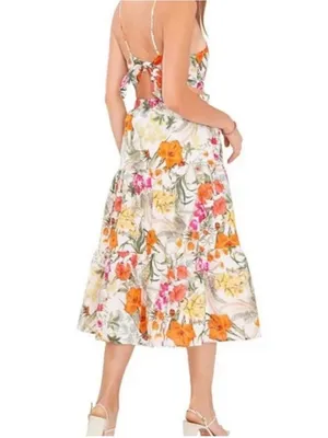 Chelsea & Violet Tropical Floral Print Tiered Midi Dress Linen‎ Blend Tie Back thumbnail 3