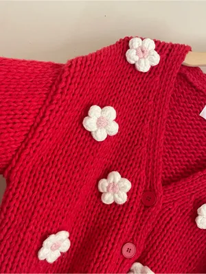 Luna Ivy Chunky Knit Flower Appliqué Cardigan Sweater Red Pink M Cottagecore thumbnail 7
