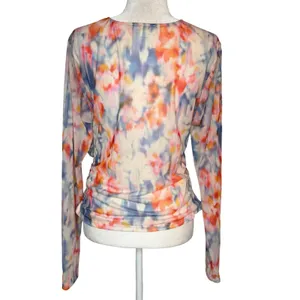 Anthropologie Mesh Crossover Long Sleeve Blouse Watercolor Large Semi‎ Sheer thumbnail 7
